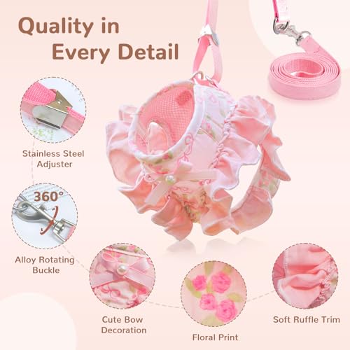 ABRRLO Small Dog Harness and Leash Set Soft Breathable Mesh No Pull Puppy Harness with Bowknot Adjustable Cute Pink Dog Ve...