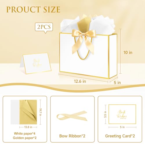 Ethhqu Fancy Large Gift Bags with Handles, 2 Pack 12.6x10x4 Inches - Includes Tissue Paper & Cards for Birthday, Baby Show...
