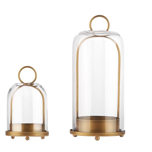 5" & 4" Wide Versatile Metal Candle Holder with Handmade Sturdy Glass Dome in Brass for Pillar Candle & Plants, 5.1" xH11....