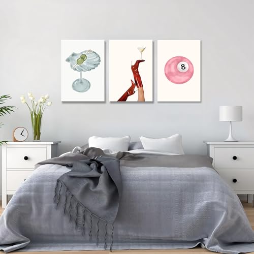 Framed Funky Martini Posters Wall Art Set of 3, Vintage Preppy Aesthetic Canvas Prints, Trendy Pink Number 8 Y2K Girl Room...