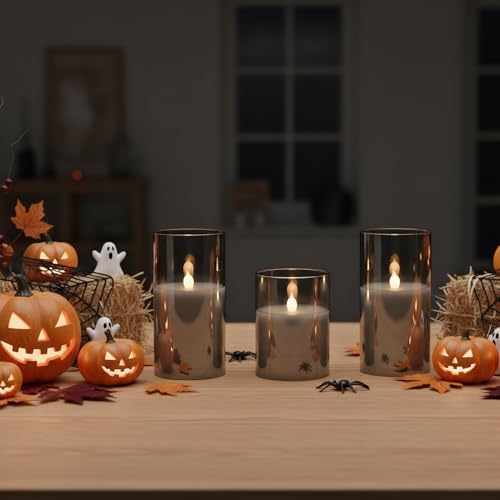 GenSwin Gray Glass Battery Operated Flameless Led Candles with 10-Key Remote and Timer, Real Wax Candles Warm White Flicke...