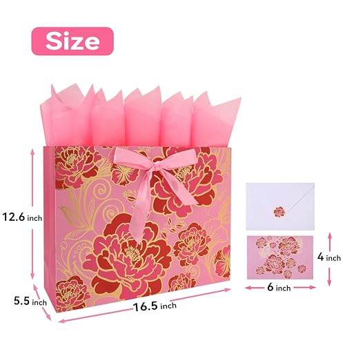 16.5" Extra Large Rose Pink Gift Bag Set with Greeting Card and Tissue Paper(Foil Traced Flowers) for Celebrating Birthday...
