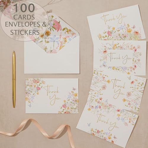 100 Floral Thank You Cards With Envelopes & Stickers - Pretty Wildflower & Gold Foil Assorted Greeting Notes pack for Wedd...