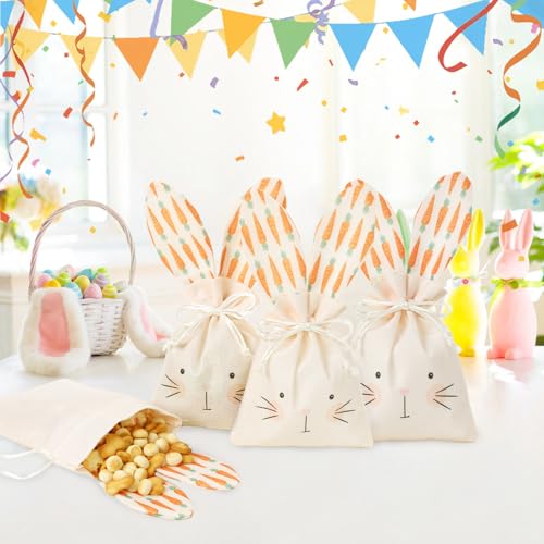 Easter Treat Bags, 3Pcs Easter Bunny Gift Bags, Reusable Burlap Rabbit Ear Gift Pouches with Drawstring for Candy Egg Hunt...