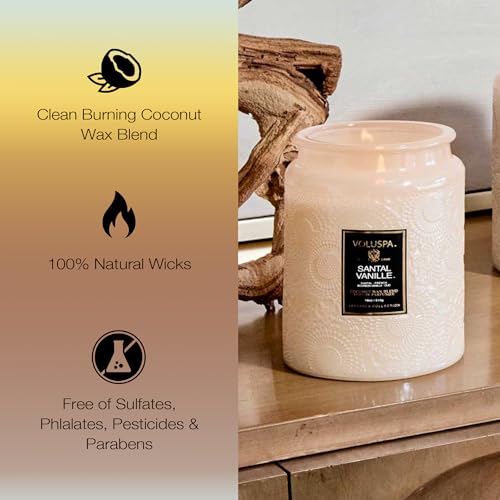 Voluspa Santal Vanille Candle, 18 oz, Coconut Wax Blend, Scented Candles for Home, 100 Hour Burn Time, Candle Jars
