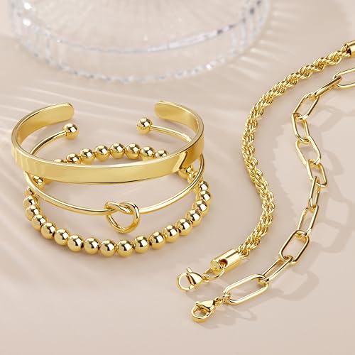 Gokeey Gold Bracelets Set for Women Non Tarnish, Waterproof 14K Gold Plated Sterling Silver Chunky Cuff Bracelet Stackable...