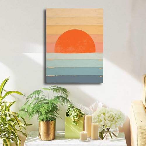 Boho Sun Wall Art, Framed Canvas Wall Art Rainbow Sun Rising on the Horizon Geometric Nature Illustrations Line Art Wall, ...