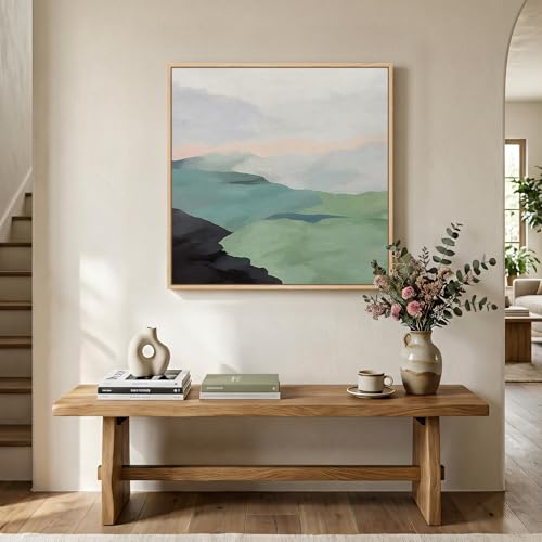 Framed Modern Neutral Green Landscape Abstract Wall Art, Square Minimalist Canvas Prints Paintings for Walls, Sage Green N...