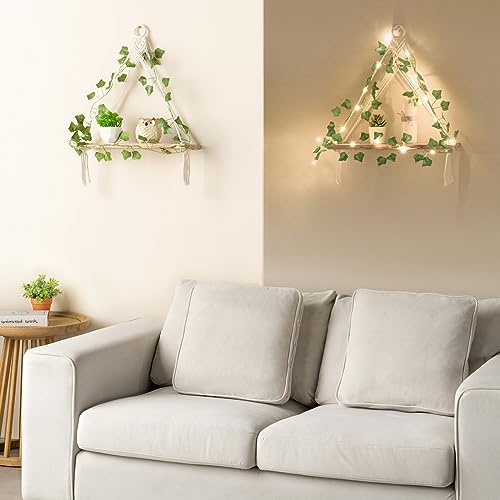 Mkono Artificial Ivy Macrame Hanging Shelves with Lights Set of 2 Boho Wall Decor Display Plants Photos Wood Floating Stor...