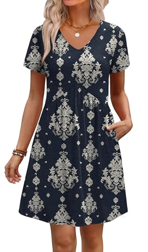 WIHOLL Dresses for Women 2026 Casual Summer V Neck Babydoll Dress Short Sleeve Fashion Beach Vacation Clothes