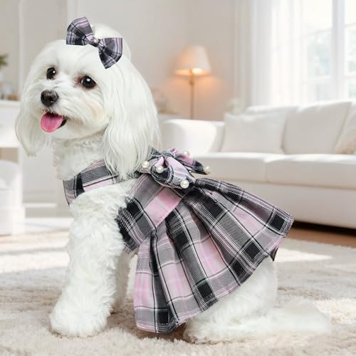 Dog Dress Bowknot Harness Leash Set for Small Dogs Girl Cute Plaid Dog Dress Pearls Bow Tie Spring Summer Princess Clothes...