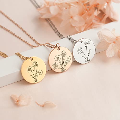 Anavia -Build Your Own Bouquet- Birthmonth Flowers Necklace, Personalized Engraved Floral Coin Necklace, Customized Birthd...