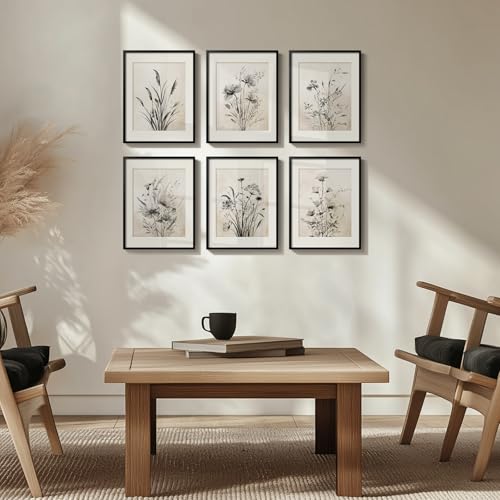 Framed Boho Vintage Botanical Wall Art, Set of 6 Black and White Floral Canvas Painting Prints with Mat for Farmhouse Livi...
