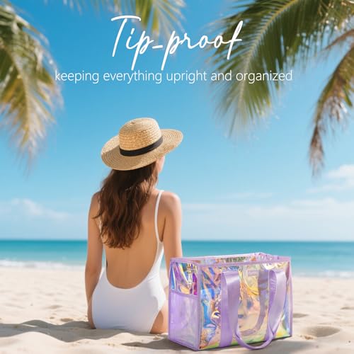 Bagstellar Iridescent Beach Tote Bags for Women, Large Zipper Beach Pool Swim Bag with Makeup Bag & Waterproof Phone Pouch...