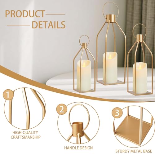 Kehail Elegant Gold Decorative Lanterns Set of 3-19/16/13 Inch Metal Indoor Lanterns Decorative with Flickering LED Candle...