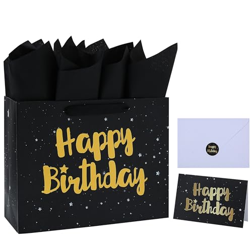 13" Large Black Gift Bag Set with Greeting Card and Tissue Papers (Stars and Gold Foil ‘Happy Birthday’) for Men's or Wome...