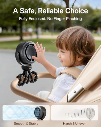 SWEETFULL Portable Stroller Fan, Pinch-Proof Baby Fan, 10H Battery, 5-Speed Quiet Mini Clip on Fan, USB-C Rechargeable wit...
