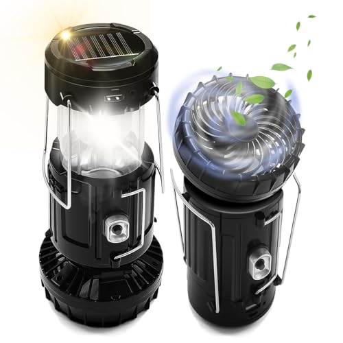 2-Pack Solar Camping Fan w/ Lantern, DIBMS Collapsible Solar Powered USB Rechargeable & Battery Powered Emergency Hanging ...