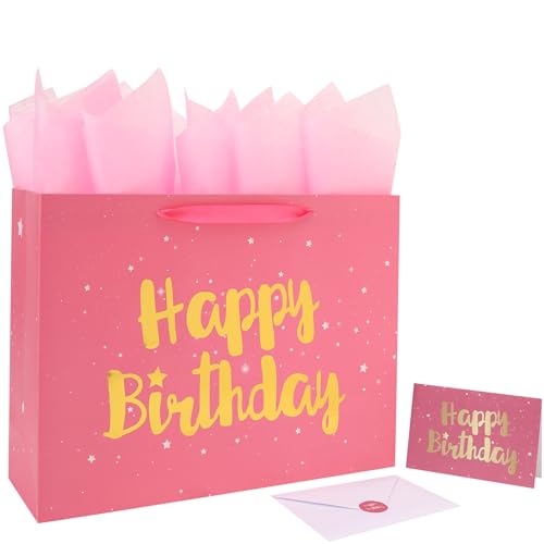 Qirrmiy 16.5” Extra Large Pink Happy Birthday Gift Bag Set with Handles, Greeting Card, Tissue Papers and Stickers for Wom...