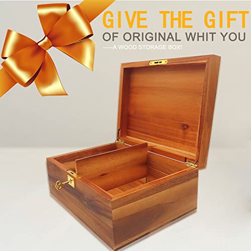 WELITTCON Wood Box Large Decorative Wooden Storage Box with Hinged Lid and Locking Key Premium Acacia Keepsake Chest Box M...