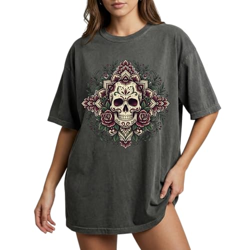 Sugar Skull Mandala Design - Womens Comfort Colors - Pepper Grey Floral Rose Day of the Dead Graphic Tee