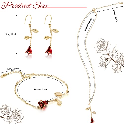 18K Gold Plated Jewelry Set Rose Necklace Bracelet Earrings Red Rose Flower Pendant for Christmas Gift Women