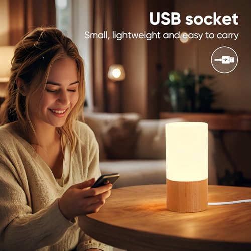 YIEONSHION Creative Wooden LED Desk Lamp, Dimmable Bedside Night Light for Bedroom, Warm Ambient Lighting Table Lamp, Mode...