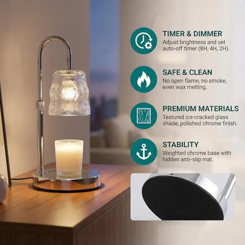 Candle Warmer Lamp with Timer & Dimmable,Candle Lamp Warmer with Ice-cracked Glass Shade,Gifts for Women valentine’s day, ...