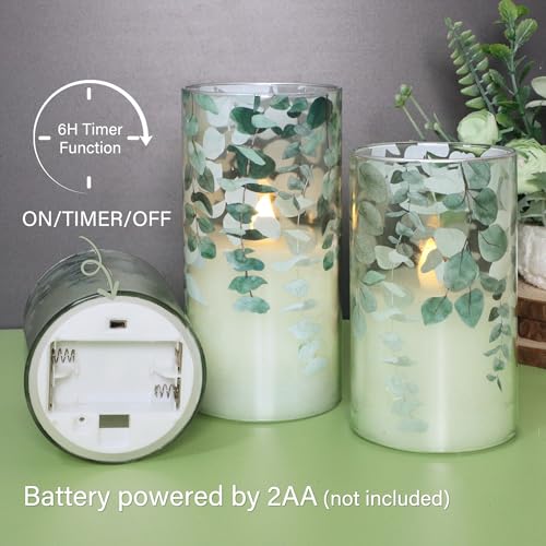 Immeiscent Green Glass Flameless Candles Remote Timer Eucalyptus Leaves Greenery Design Battery Operated Flicker Pillar Ca...
