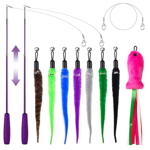 ZeyZoo Cat Toys for Indoor Cats, 11PCS Interactive Cat Toy Wand Pack, 2 Retractable Cat Wand & 7PCS Worm Teaser Refills, P...