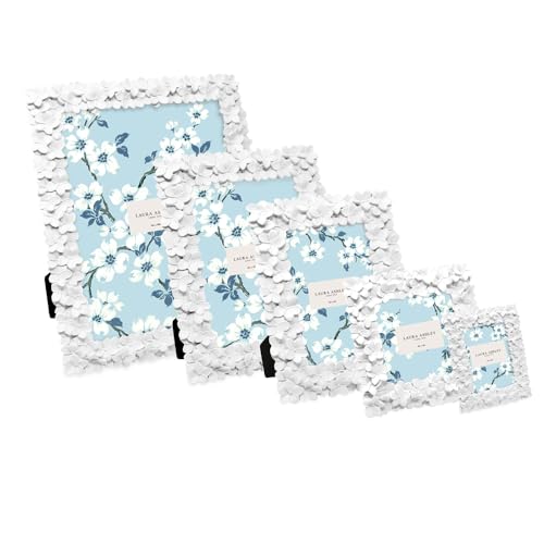 Laura Ashley 4x6 White Flower Textured Hand-Crafted Resin Picture Frame w/Easel & Hook for Tabletop & Wall Display, Decora...