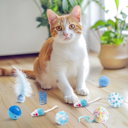 MALLMALL6 Cat Toy Set Interactive Cat Toys 10Pcs Pack Including Cat Springs Feather Teaser Wand Mice Crinkle Balls and Pet...