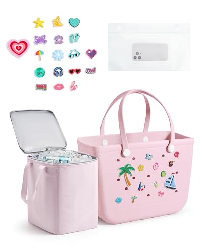 BAGSMART Large Beach Bag for Women with Cooler, Rubber Tote Bag with Charms, Waterproof Vacation Essentials for Swim Pool