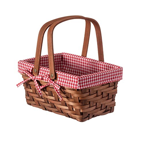 Wickerwise Small Rectangular Woodchip Picnic Baskets with Double Folding Handles, Natural Hand-Woven Basket Lined with Gin...