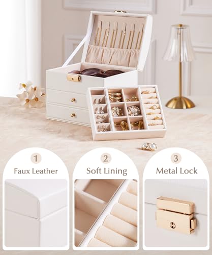 Homde Mothers Day Gifts Small Girls Jewelry Box with Lock: 3 Layer Organizer with Removable Tray - Storage for Ring Neckla...