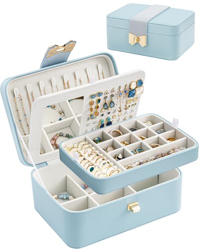 Lolalet 2 Layer Jewelry Box for Teen Girls & Young Women, Jewelry Organizer Case with Bow Clasp and Mirror for Earrings Ri...