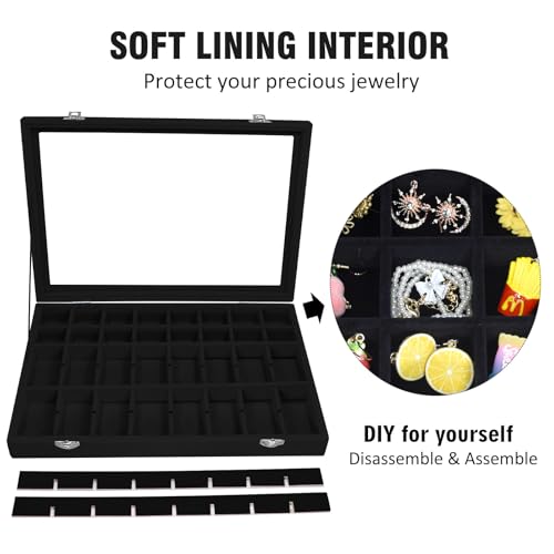 Vicoter Velvet Jewelry Tray 48 Compartments Jewelry Display Organizer with Transparent Cover Rings, Earrings, Necklaces, P...