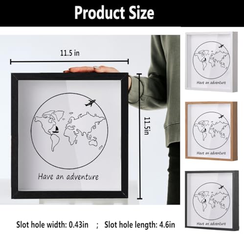 Travel Adventure Archive Shadow Box for Memories, 12x12in Memory Box with Slot on Top for Travel Ticket Stub, Top Loading ...