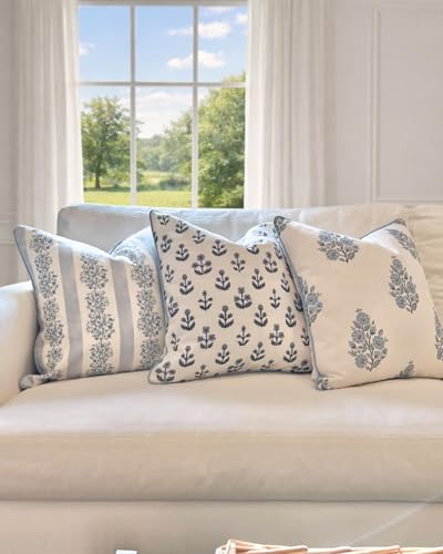 Jillien Harbor “The Camille” Floral Block Print Pillow Cover – Soft Blue and White Decorative Throw Pillow Cover – Grandmi...