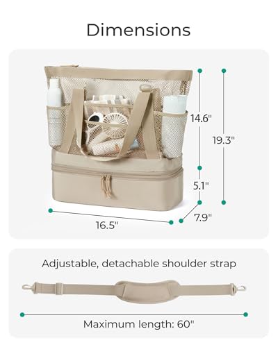 BAGSMART Beach Bag for Women, Mesh Tote Bags with Zipper, Sandproof Vacation Essentials with Cooler for Swim Cruise Pool