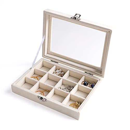 Frebeauty Jewelry Organizer Tray with Clear Lid - 12 Grid Velvet Drawer Insert Storage Box - Transparent Lid Display Case...