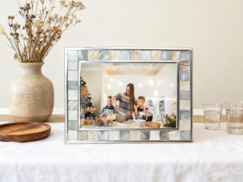 GIFTME 5 Silver Plate Picture Frame 5x7 Mother of Pearl 5 by 7 Photo Frame Mosaic Glass Tabletop Frame (Grey+ White,1pc)