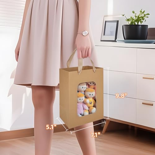 MOXARYSU 12 Pcs Brown Gift Bags with Clear Window: 9.8x5.1x7.1 Inch Small Medium Kraft Paper Bags with Handle For Party Bu...