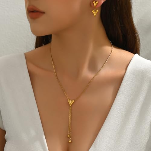 VceTd Vintage Y-Shape Necklace with Double Heart/Flower Earrings Set, 18K Gold Plated Stainless Steel Romantic Jewelry Gif...