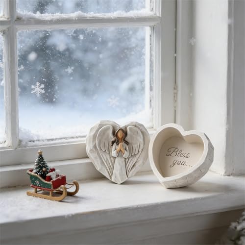 Hodao Angel Jewelry Box - Mothers Day Gifts for Mom Grandma, Heart Shaped Sculpted Keepsake Box with Guardian Angel Figuri...
