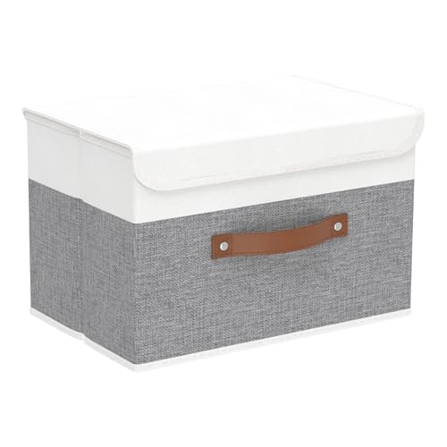 Yawinhe Storage Boxes with Lids, Linen Fabric Bin, Cube Organizer Basket, Washable and Leather Handle, for Home, Closet, W...
