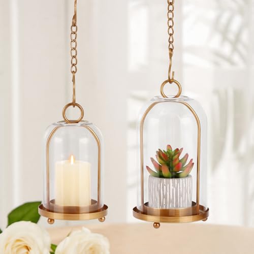 Vintage Brass Metal Candle Lantern with Thick Glass Dome – Set of 2 Shabby Chic Style Candle Holders (5.25"x10" & 4.5"x7.8...