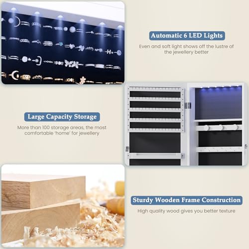 DUMOS 6 LEDs Mirror Jewelry Cabinet, Wall or Door Mounted Jewelry Organizer, 47.2-Inch Tall Lockable Large Capacity Cosmet...
