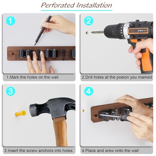 OUTNILI Mop and Broom Holder Wall Mount - Rustic Wood Broom Mop Hanger - Wall Mounted Garden Tool Rack Organizer for Close...