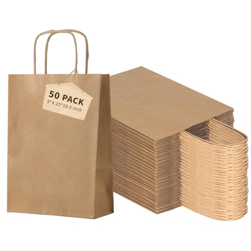 FACEBAG 50-Pack Brown Paper Bags with Handles Bulk, 8x4.25x10.5 Inches,Medium-sized Gift Bags with Handles for Party Favor...